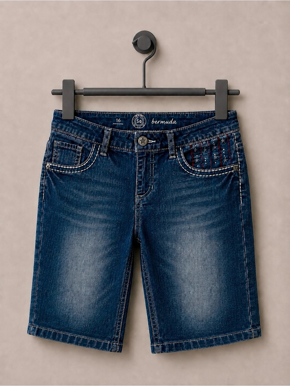 SO Bermuda Embellished Flag Pocket Denim Bermuda Shorts Girls 16 or Womens 0 - 2